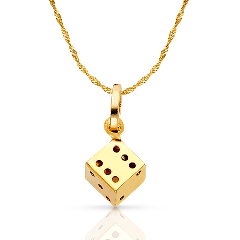 14K Gold Dice Charm Pendant With 0.9Mm Singapore Chain Necklace