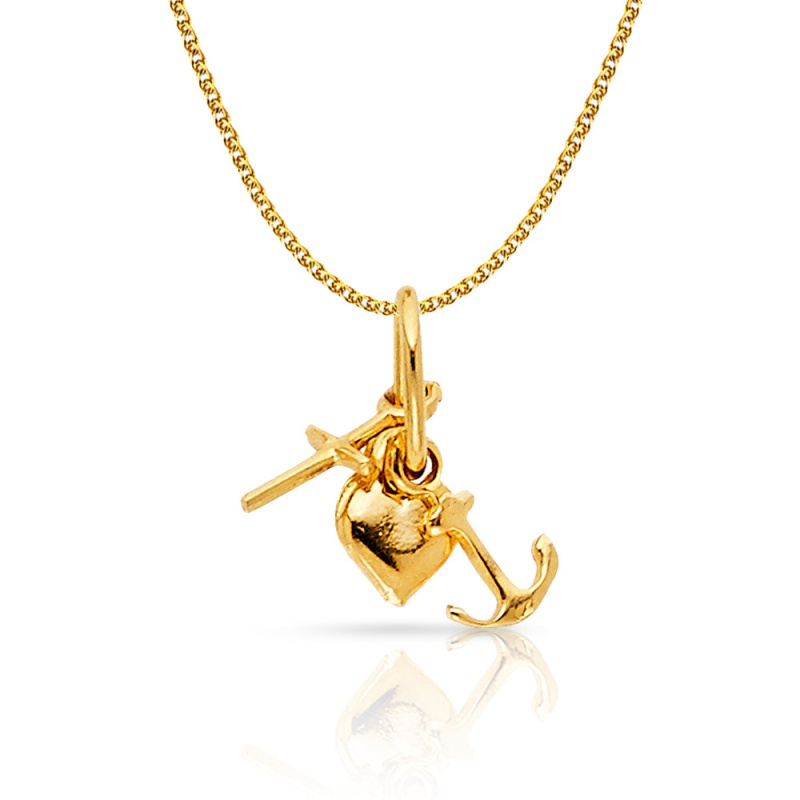 14K Gold Faith, Hope, And Charity Lucky Charm Pendant With 1.2Mm Flat Open Wheat Chain Necklace