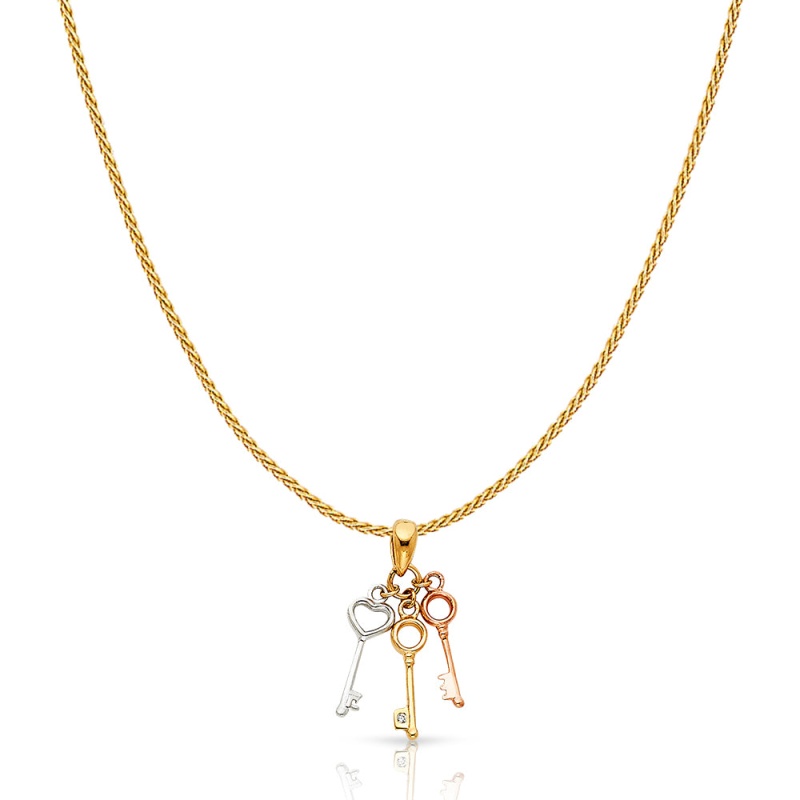 14K Gold Key To My 3 Triple Variety Key Charm Pendant With 0.9Mm Wheat Chain Necklace