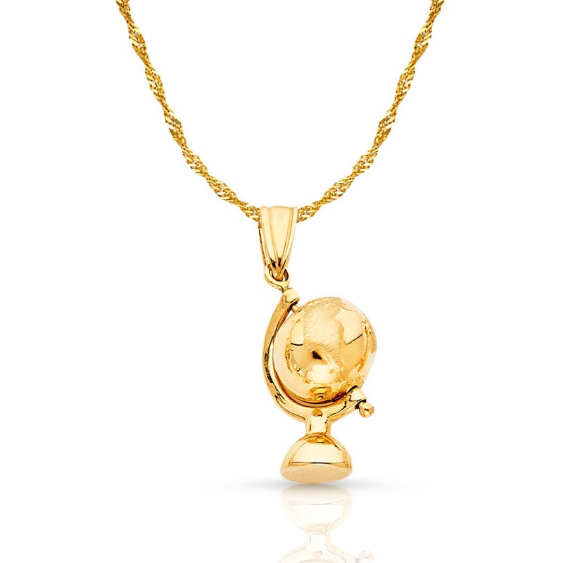 14K Gold Globe Traveler's Charm Pendant With 1.2Mm Singapore Chain Necklace