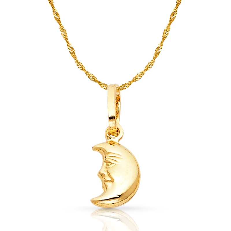 14K Gold Moon Face Charm Pendant With 0.9Mm Singapore Chain Necklace