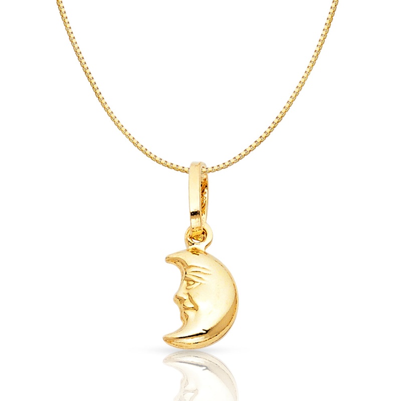 14K Gold Half Moon Face Charm Pendant With 0.8Mm Box Chain Necklace