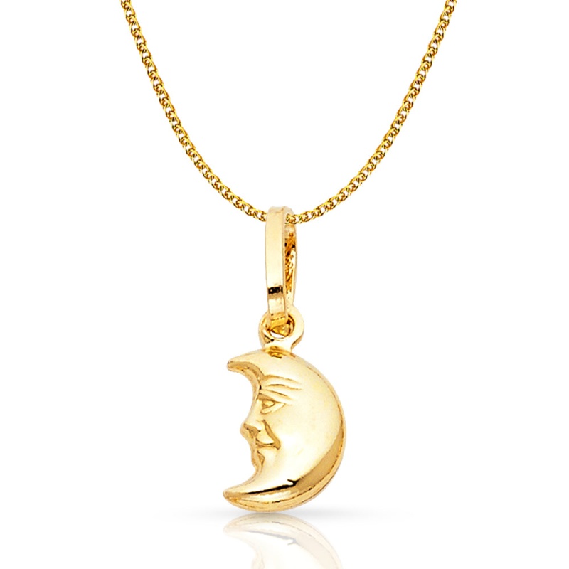 14K Gold Moon Face Charm Pendant With 1.2Mm Flat Open Wheat Chain Necklace