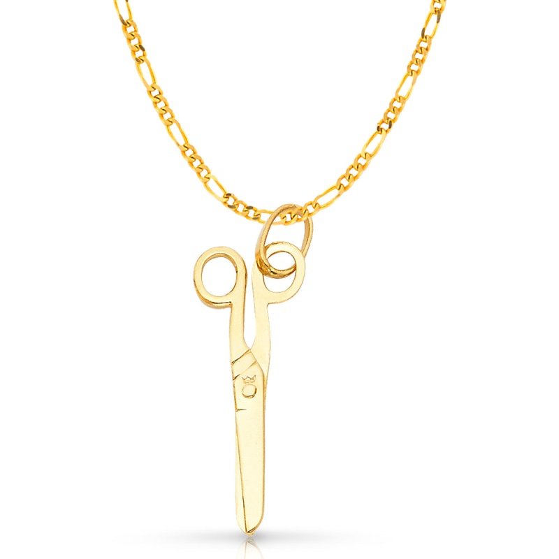 14K Gold Fashion Scissors Charm Pendant With 2Mm Figaro 3+1 Chain Necklace