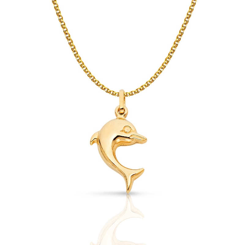 14K Gold Dolphin Charm Pendant With 1.5Mm Flat Open Wheat Chain Necklace
