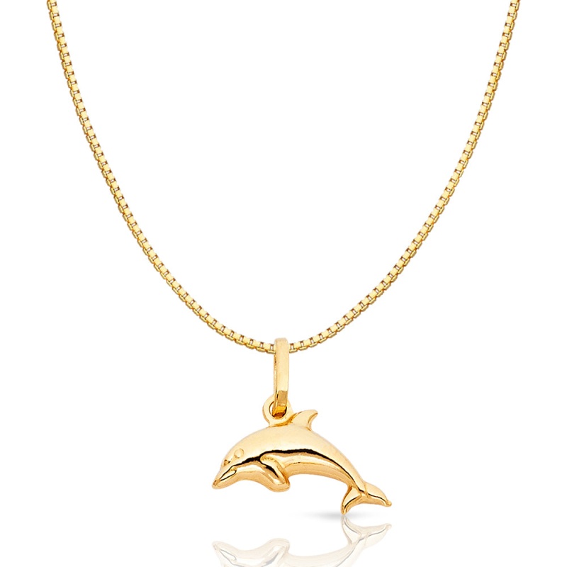 14K Gold Jumping Dolphin Prosperity Charm Pendant With 0.8Mm Box Chain Necklace