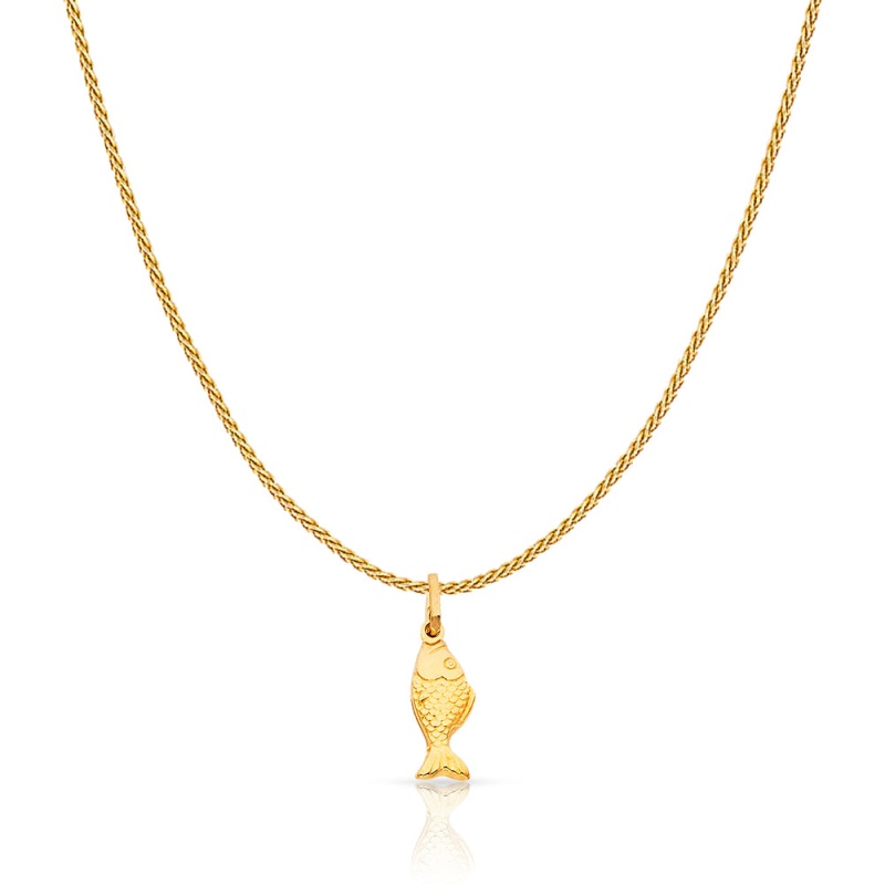 14K Gold Fish Charm Pendant With 0.9Mm Wheat Chain Necklace