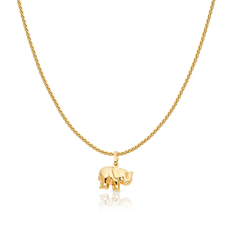 14K Gold Elephant Strength & Luck Charm Pendant With 0.9Mm Wheat Chain Necklace
