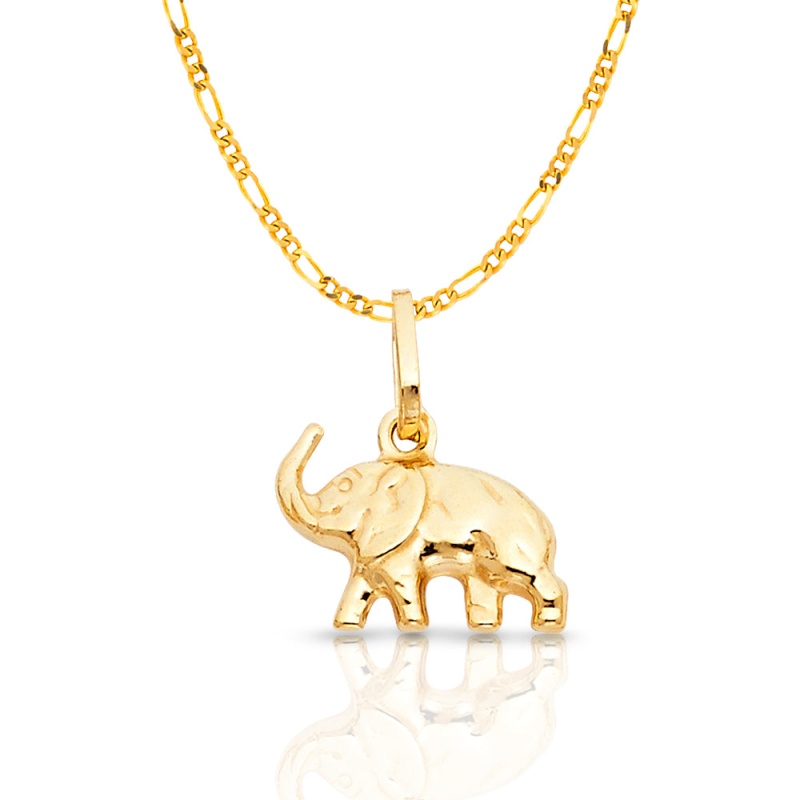 14K Gold Elephant Strength & Luck Charm Pendant With 1.6Mm Figaro 3+1 Chain Necklace