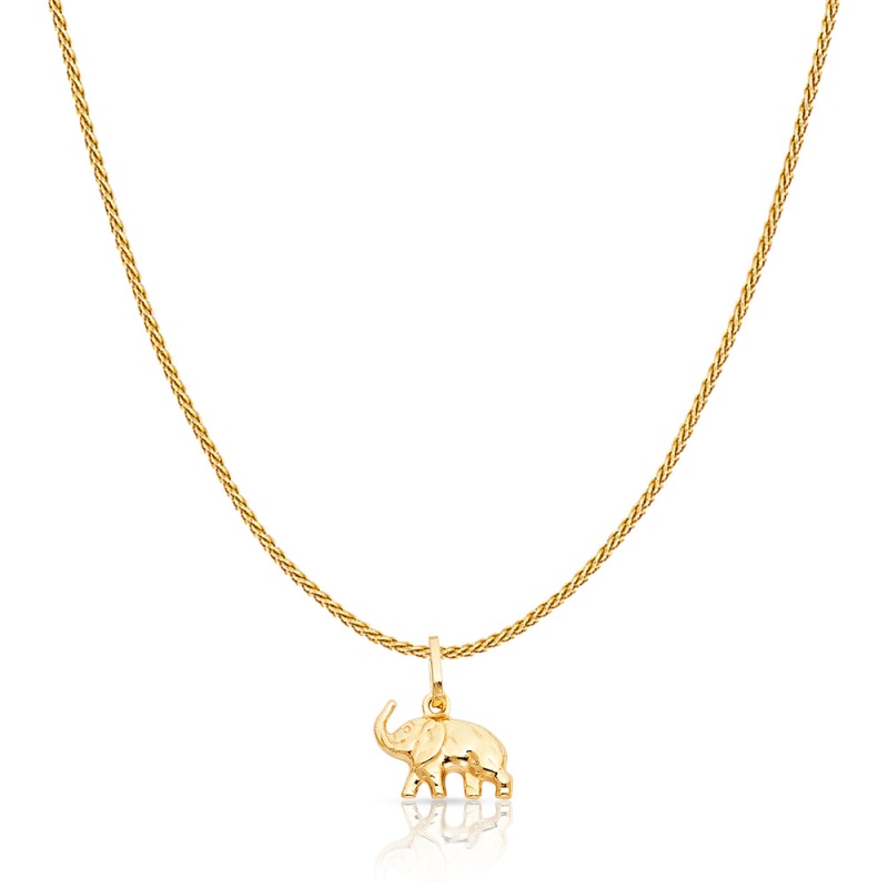 14K Gold Elephant Strength & Luck Charm Pendant With 0.9Mm Wheat Chain Necklace