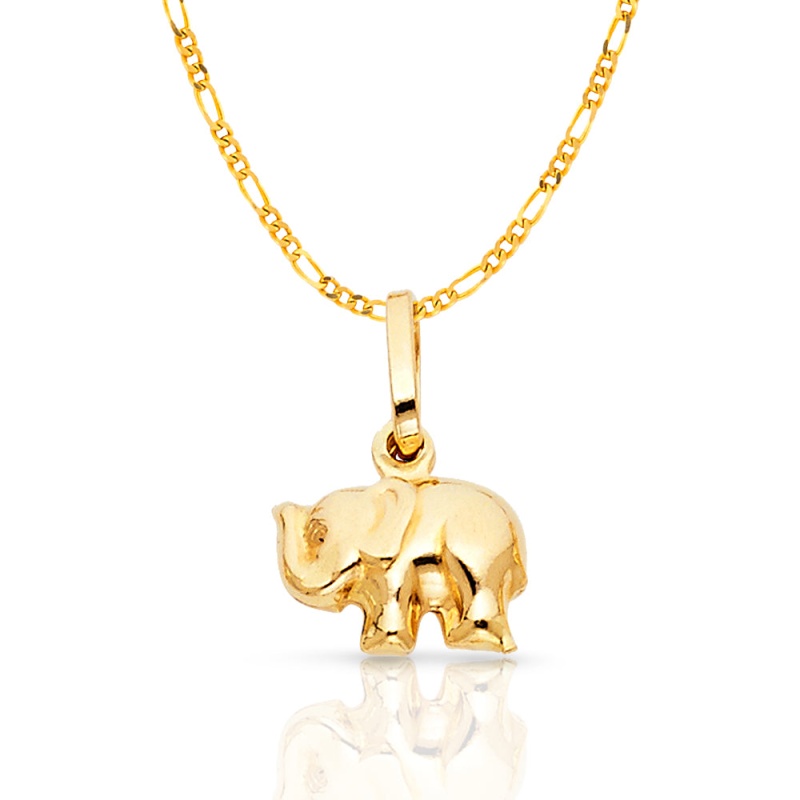 14K Gold Elephant Strength & Luck Charm Pendant With 1.6Mm Figaro 3+1 Chain Necklace