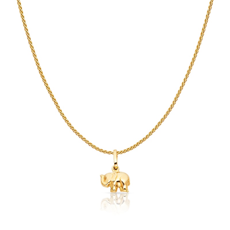 14K Gold Elephant Strength & Luck Charm Pendant With 0.9Mm Wheat Chain Necklace