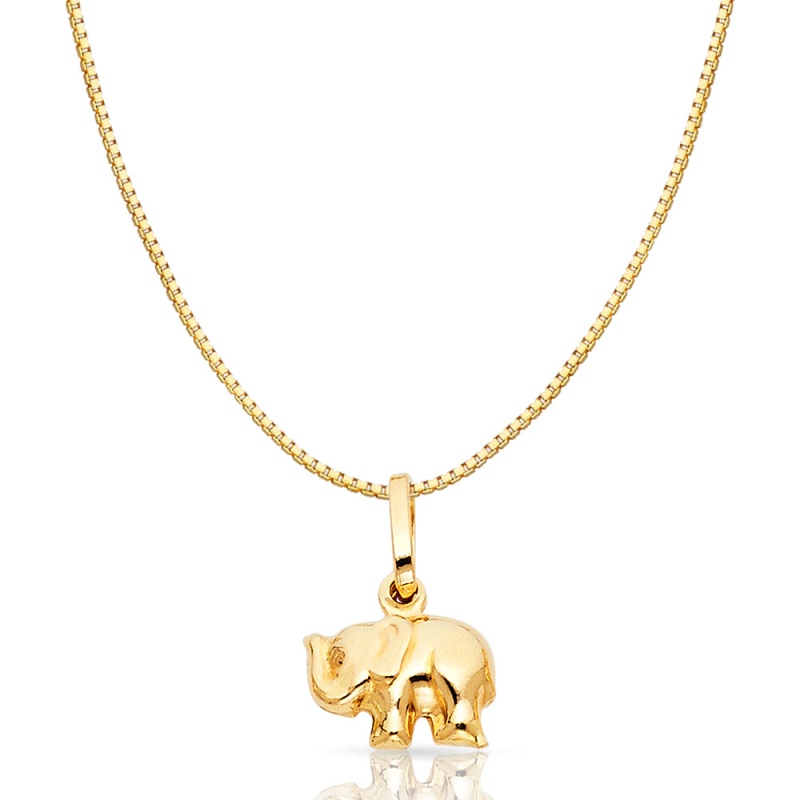 14K Gold Elephant Strength & Luck Charm Pendant With 0.8Mm Box Chain Necklace