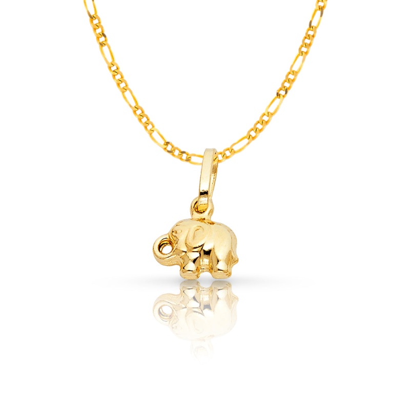 14K Gold Elephant Strength & Luck Charm Pendant With 1.6Mm Figaro 3+1 Chain Necklace