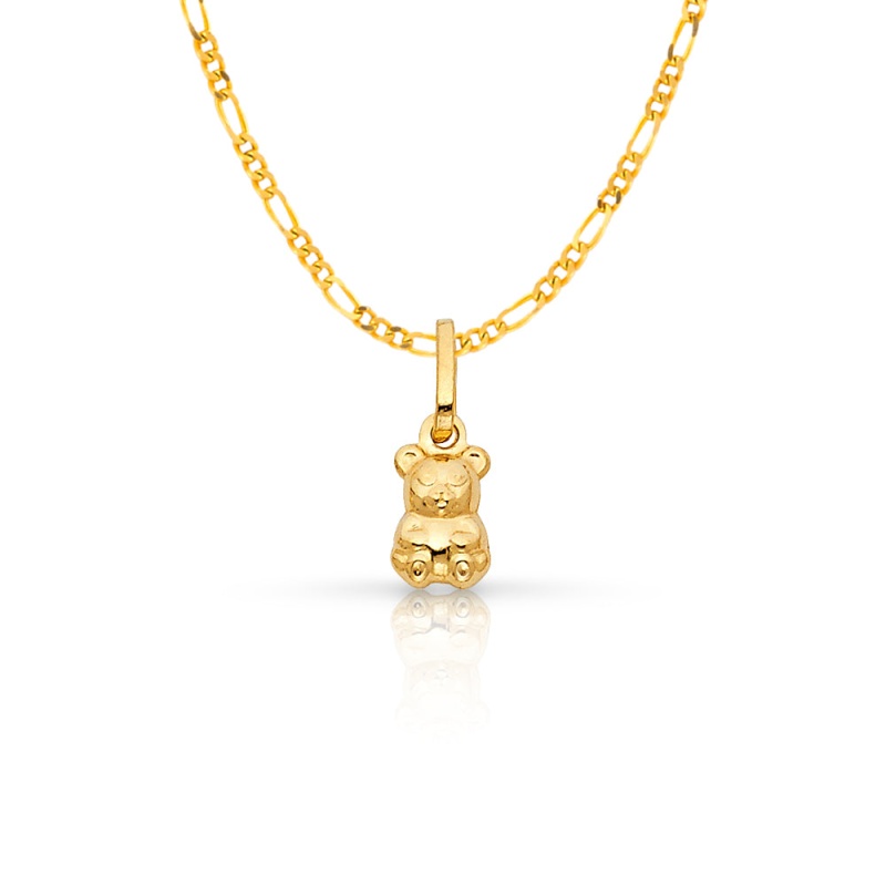 14K Gold Small Sitting Bear Charm Pendant With 1.6Mm Figaro 3+1 Chain Necklace