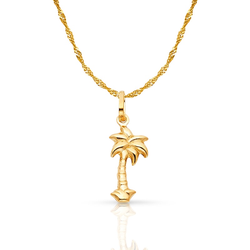 14K Gold Palm Tree Charm Pendant With 0.9Mm Singapore Chain Necklace