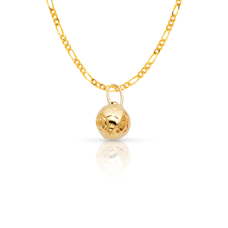 14K Gold Plain Soccer Ball Charm Pendant With 2Mm Figaro 3+1 Chain Necklace