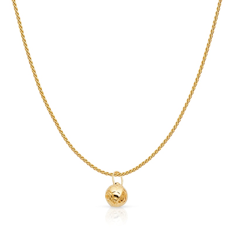 14K Gold Plain Soccer Ball Charm Pendant With 0.9Mm Wheat Chain Necklace