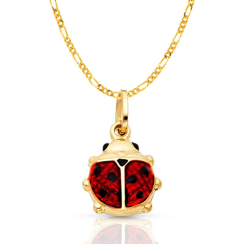 14K Gold Lady Bug Enamel Lucky Charm Pendant With 2Mm Figaro 3+1 Chain Necklace
