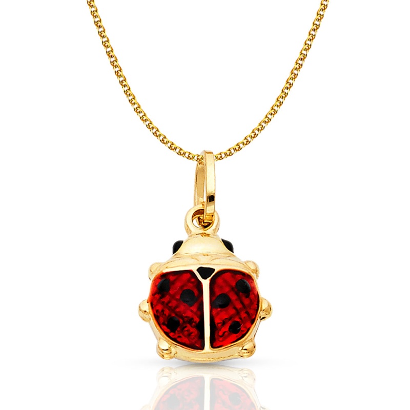 14K Gold Lady Bug Enamel Lucky Charm Pendant With 1.5Mm Flat Open Wheat Chain Necklace