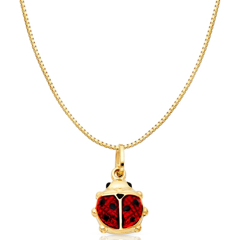 14K Gold Lady Bug Colored Enamel Lucky Charm Pendant With 0.8Mm Box Chain Necklace