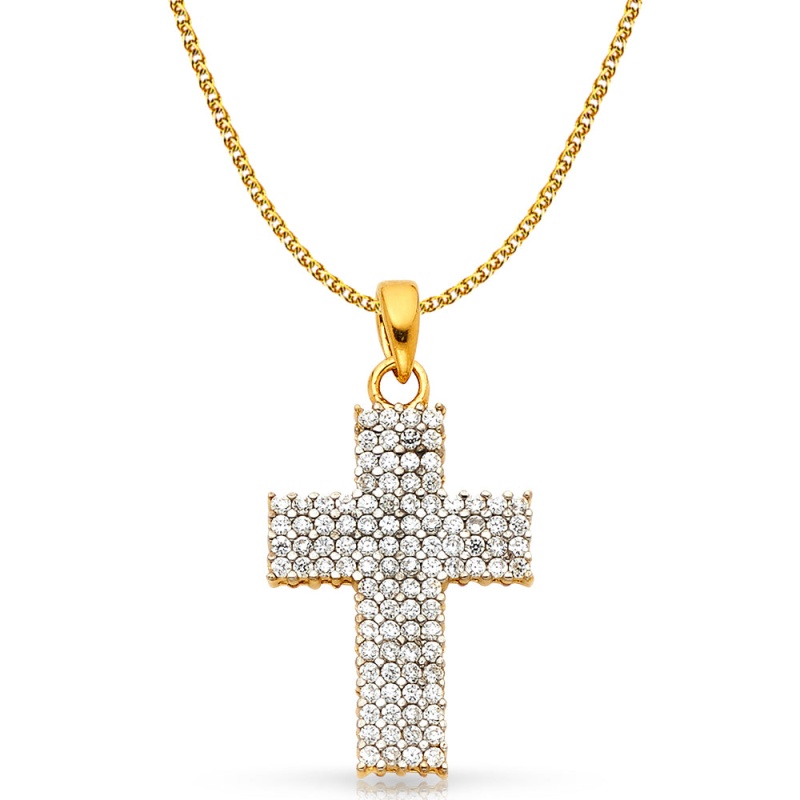 14K White Gold Fancy Cross Cz Studded Charm Pendant With 1.5Mm Flat Open Wheat Chain Necklace