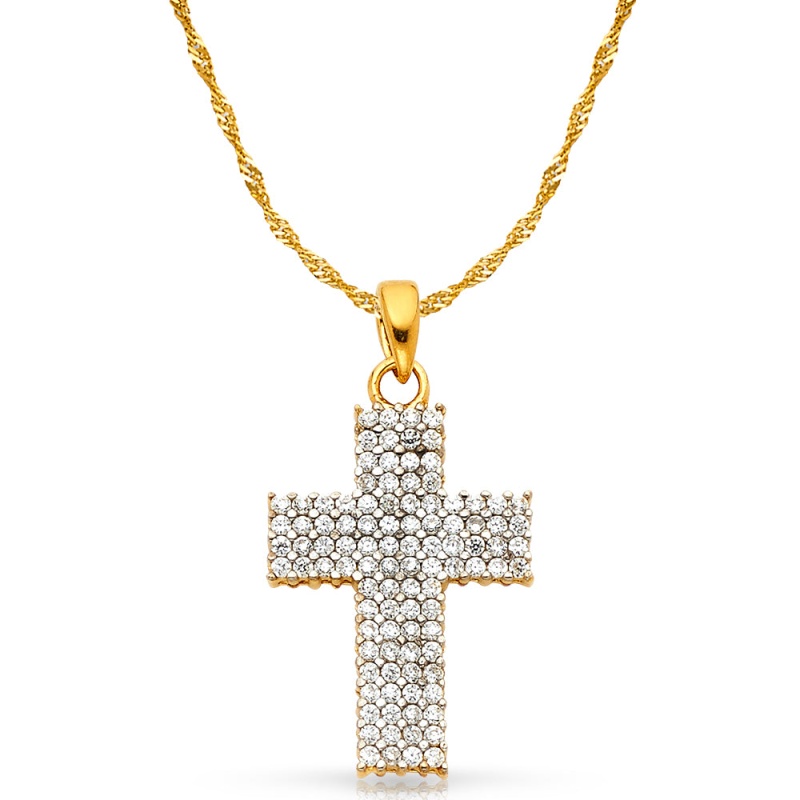 14K White Gold Fancy Cross Cz Studded Charm Pendant With 1.2Mm Singapore Chain Necklace