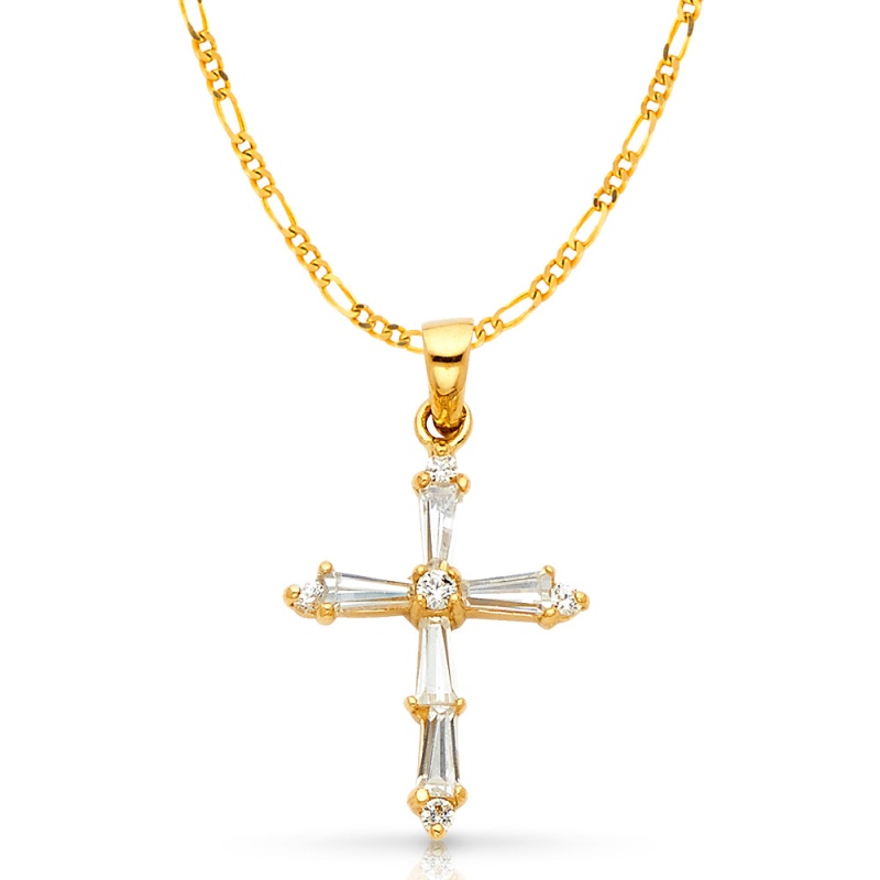 14K Gold Cross Tapered Baguette Cz Charm Pendant With 2Mm Figaro 3+1 Chain Necklace