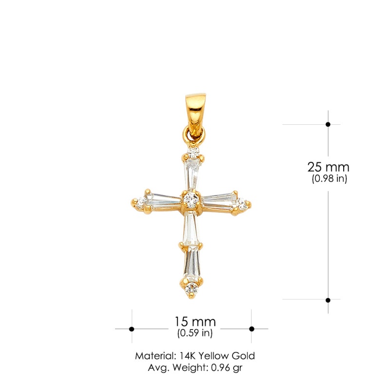 14K Gold Cross Tapered Baguette Cz Religious Pendant