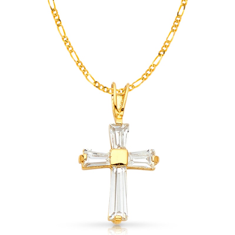 14K White Gold Fancy Cross Tapered Baguette Cz Charm Pendant With 2Mm Figaro 3+1 Chain Necklace