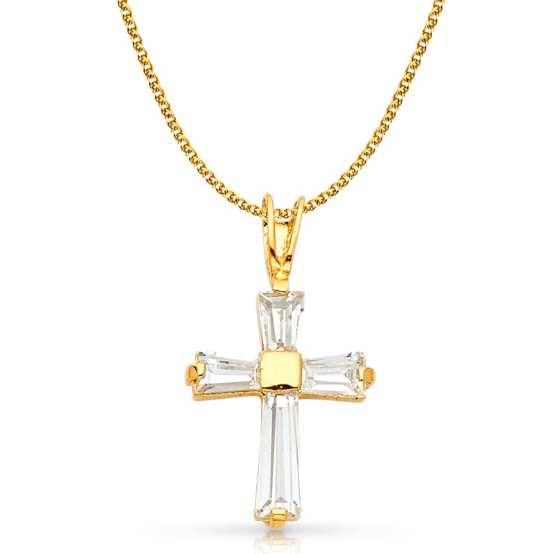 14K White Gold Fancy Cross Tapered Baguette Cz Charm Pendant With 1.5Mm Flat Open Wheat Chain Necklace