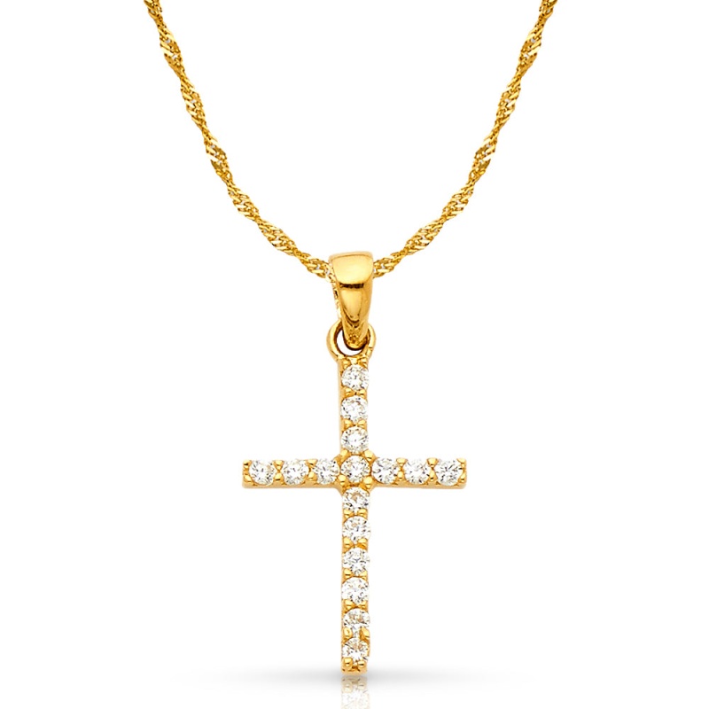 14K White Gold Fancy Cross Round Cut Cz Charm Pendant With 1.2Mm Singapore Chain Necklace