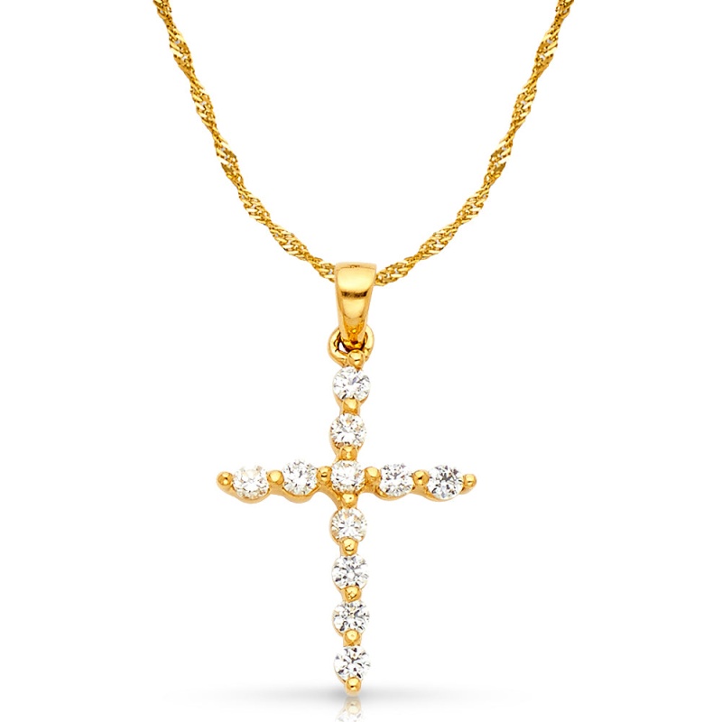 14K White Gold Fancy Cross Round Cut Cz Charm Pendant With 1.2Mm Singapore Chain Necklace
