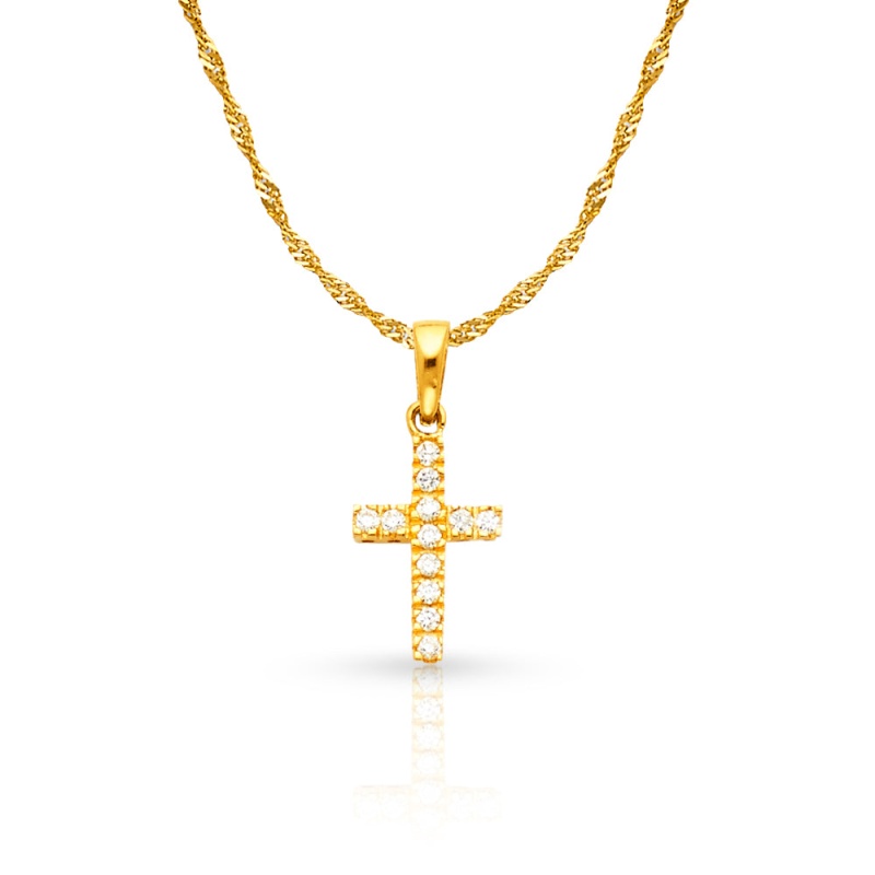 14K White Gold Fancy Cross Round Cut Cz Charm Pendant With 0.9Mm Singapore Chain Necklace