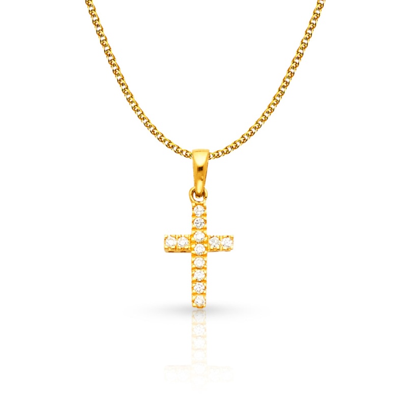 14K White Gold Fancy Cross Round Cut Cz Charm Pendant With 1.2Mm Flat Open Wheat Chain Necklace