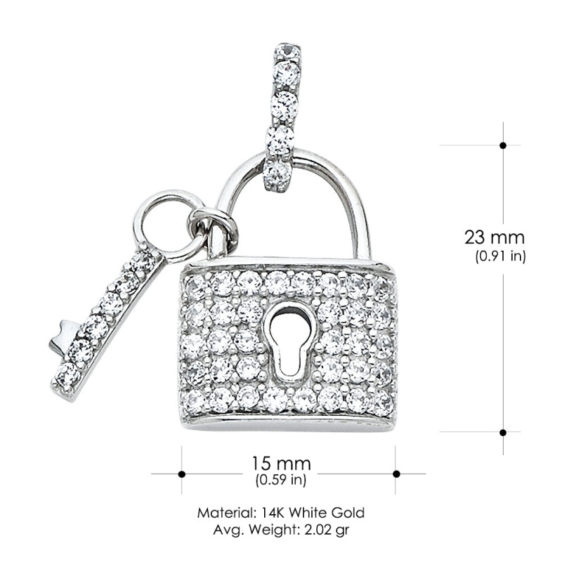 14K Gold Lock & Key Cz Studded Charm Pendant