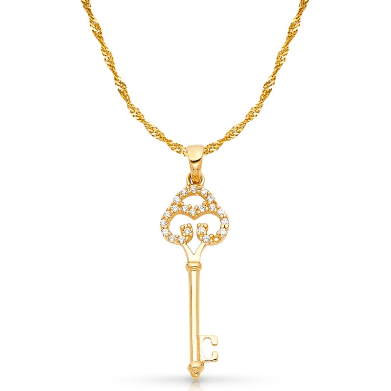 14K Gold Vintage Key Cz Charm Pendant With 1.2Mm Singapore Chain Necklace