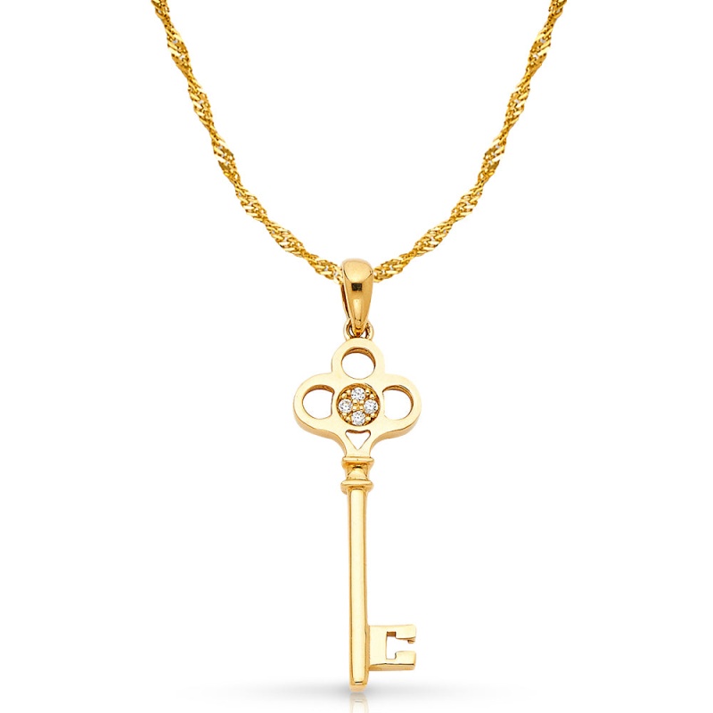 14K Gold Vintage Key Cz Charm Pendant With 1.2Mm Singapore Chain Necklace