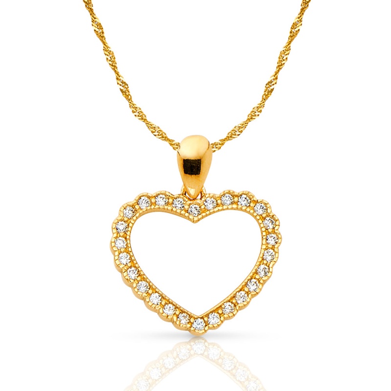 14K Gold Open Fancy Heart Round Cut Cz Charm Pendant With 1.2Mm Singapore Chain Necklace