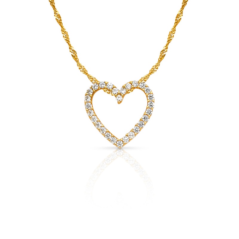 14K Gold Open Fancy Heart Round Cut Cz Charm Pendant With 1.2Mm Singapore Chain Necklace
