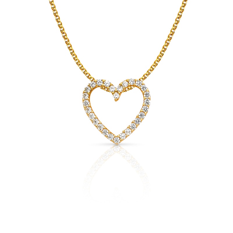 14K Gold Open Fancy Heart Round Cut Cz Charm Pendant With 1.2Mm Flat Open Wheat Chain Necklace