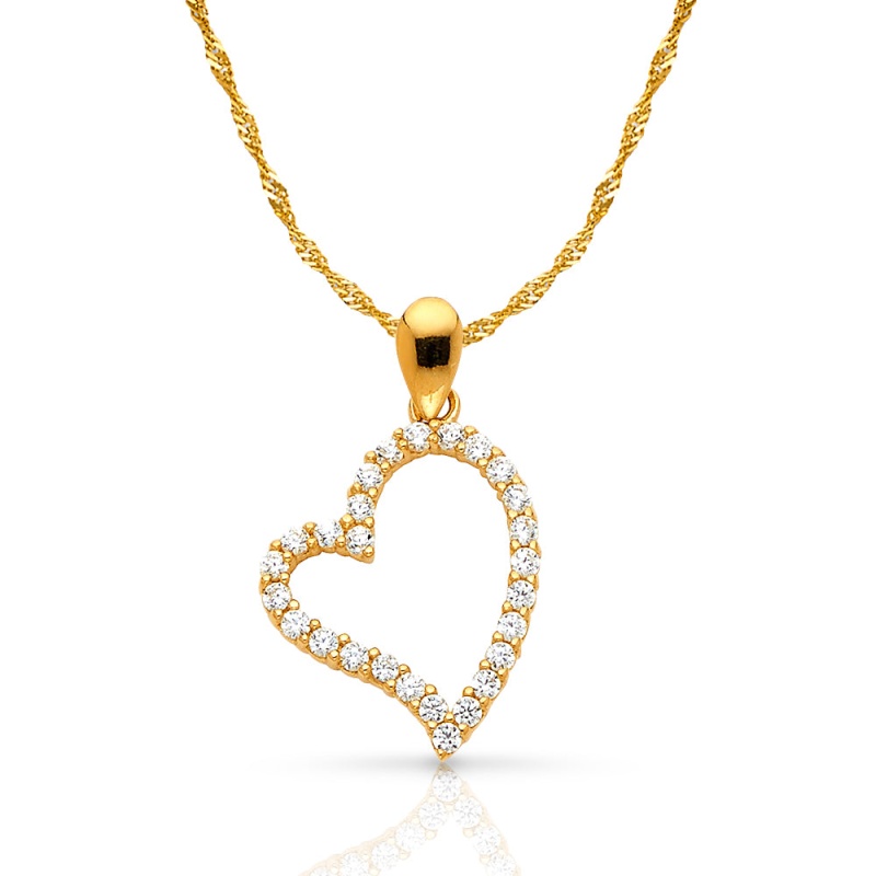 14K Gold Open Tilted Heart Round Cut Cz Charm Pendant With 1.2Mm Singapore Chain Necklace