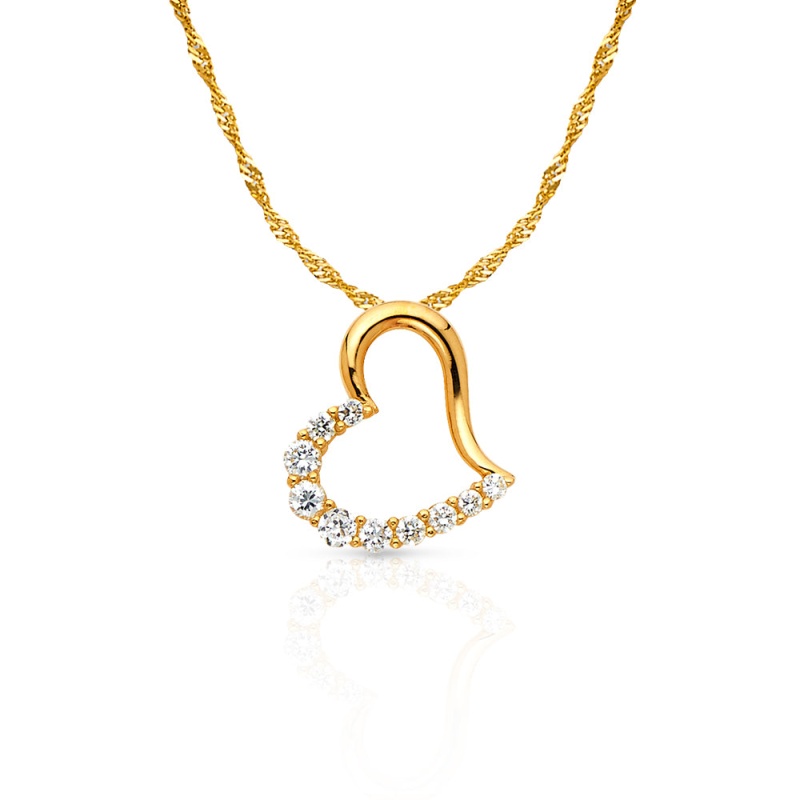 14K Gold Journey Tilted Open Heart Cz Charm Pendant With 1.2Mm Singapore Chain Necklace