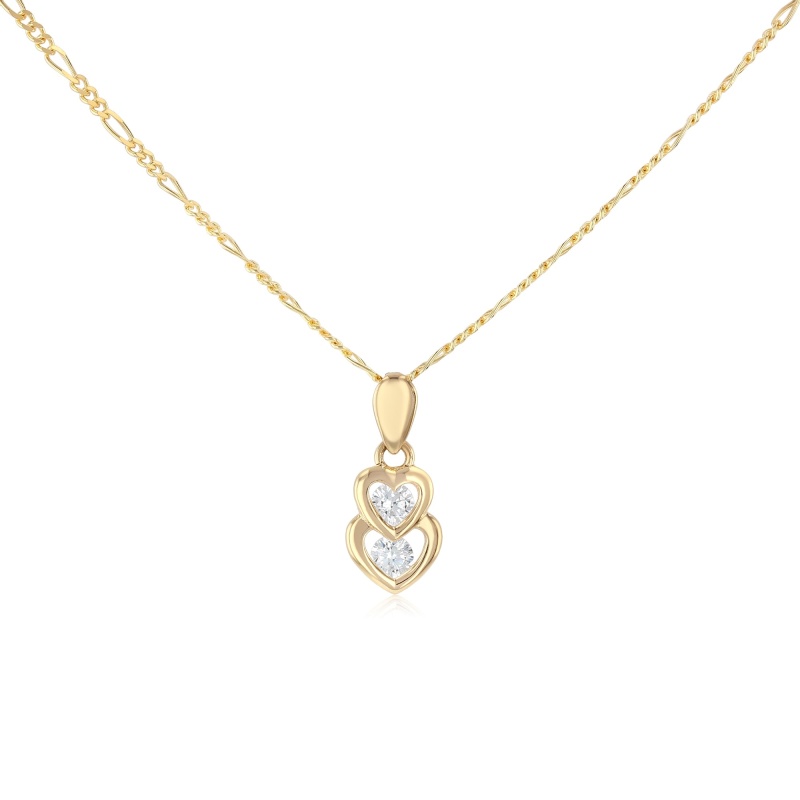 14K Gold Dual Interlocking Hearts Cz Charm Pendant With 1.6Mm Figaro 3+1 Chain Necklace