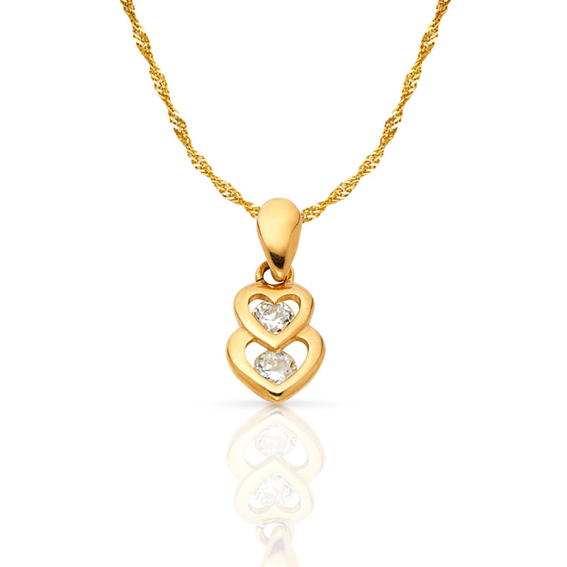 14K Gold Dual Interlocking Hearts Cz Charm Pendant With 0.9Mm Singapore Chain Necklace