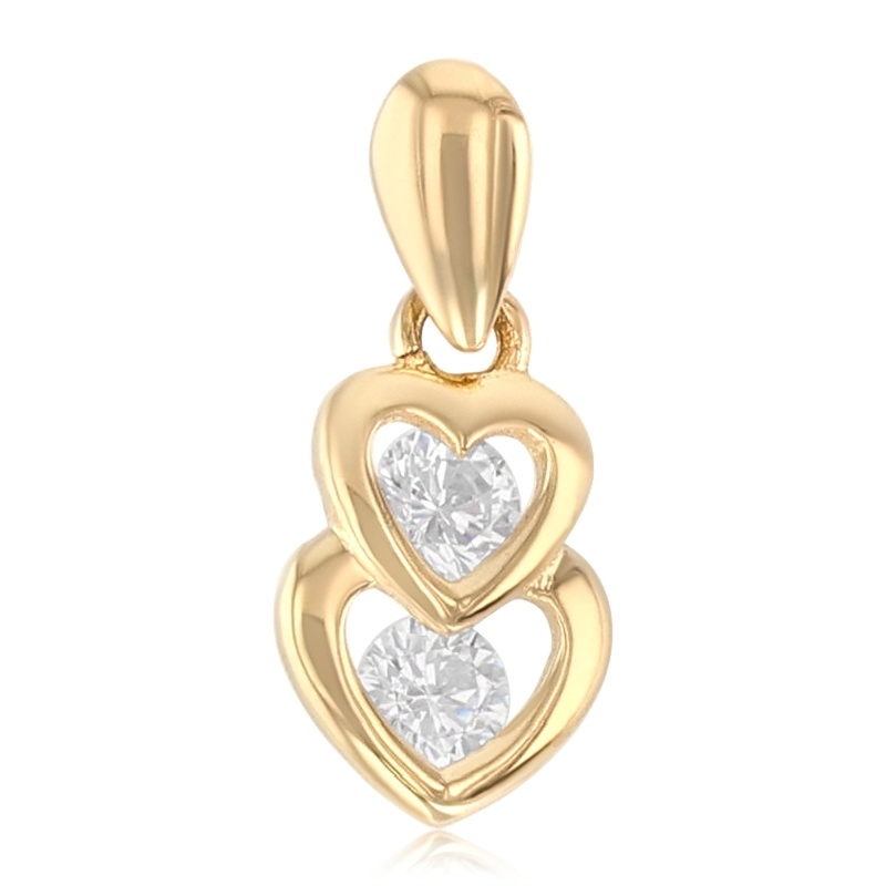 14K Gold Dual Interlocking Hearts Cz Charm Pendant
