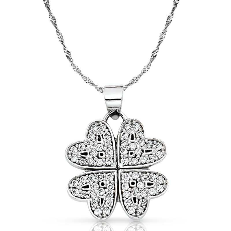 14K Gold Four Hearts Clover Cz Pendant With 0.9Mm Singapore Chain