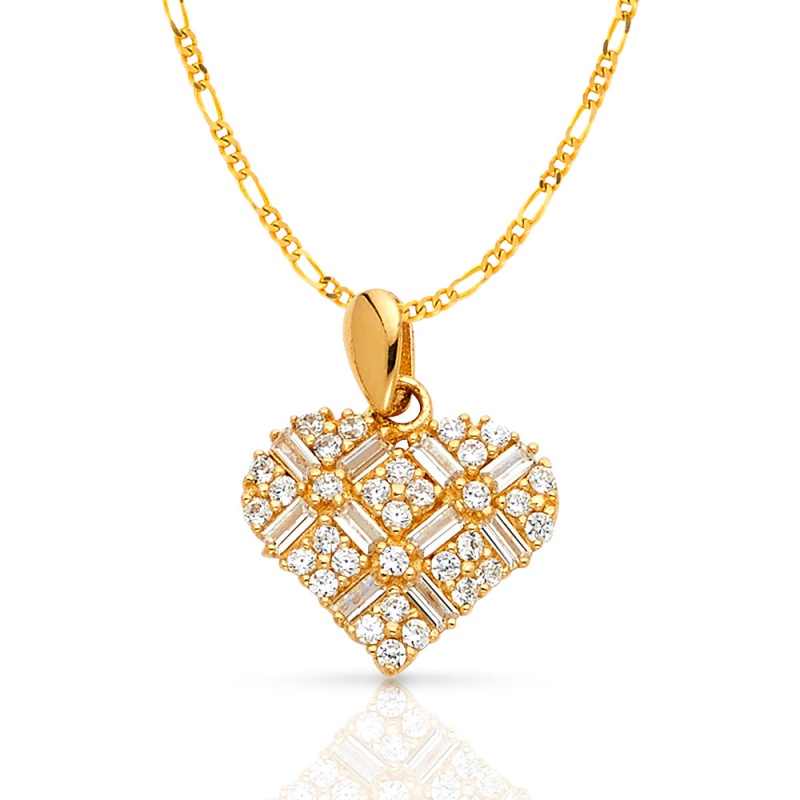 14K Gold Heart Cross Hatch Cz Charm Pendant With 1.6Mm Figaro 3+1 Chain Necklace