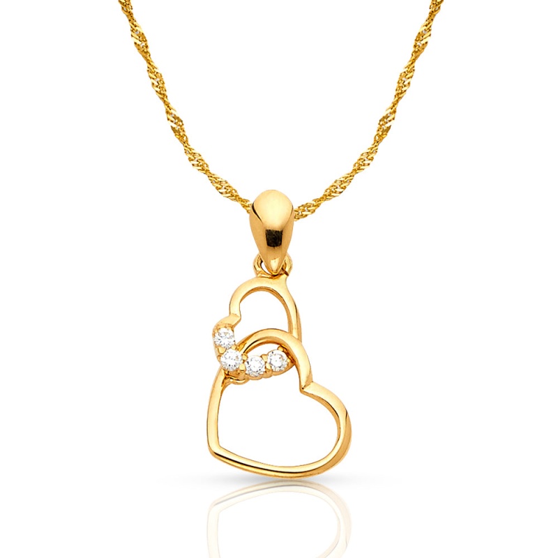 14K Gold Dual Interlocking Hearts Cz Charm Pendant With 0.9Mm Singapore Chain Necklace