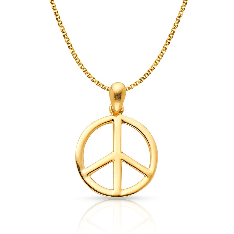 14K Gold Peace Sign Cz Charm Pendant With 1.2Mm Flat Open Wheat Chain Necklace